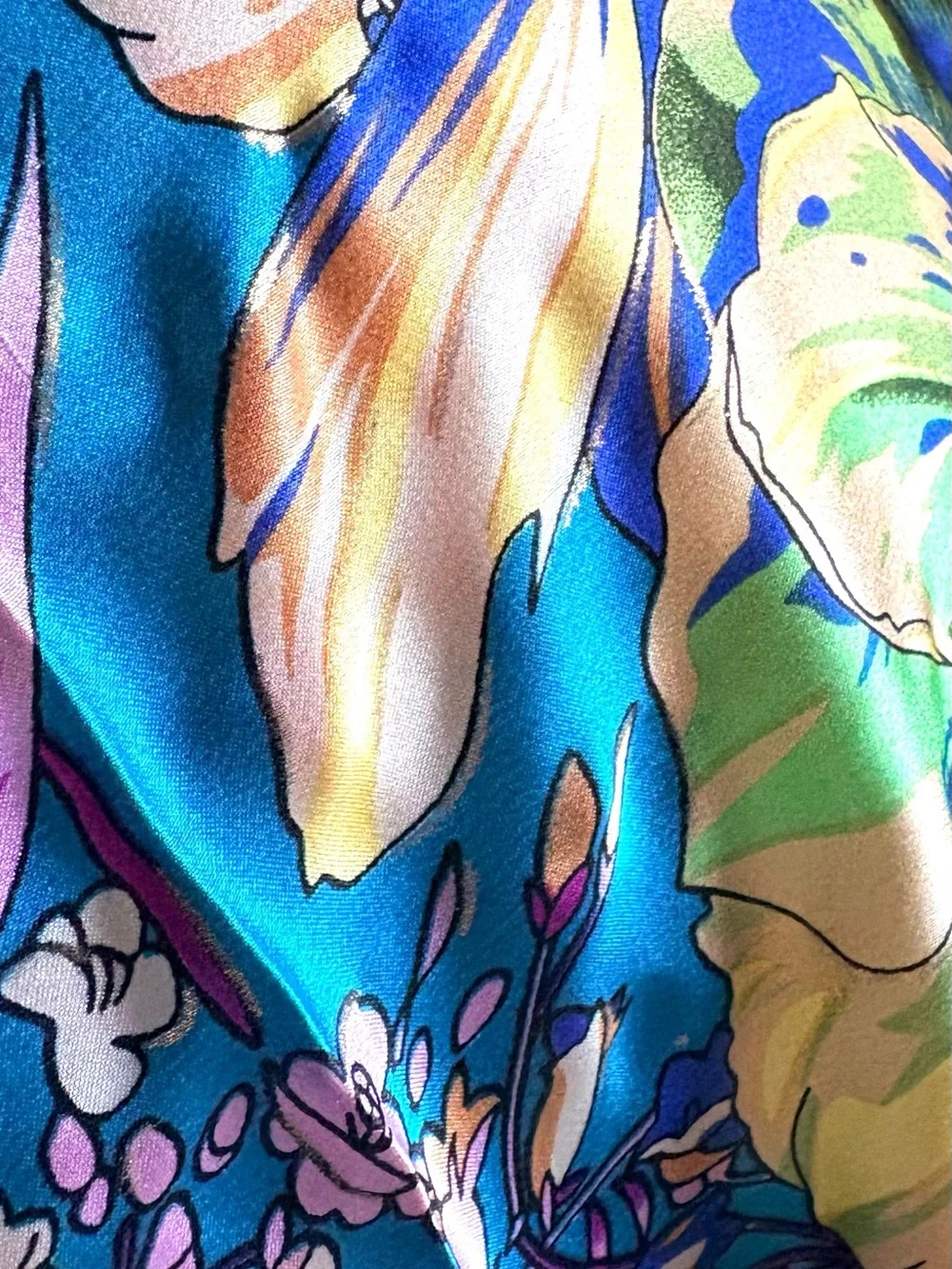 Blue Floral Satin Silk Scarf - Elegant Women's Wrap